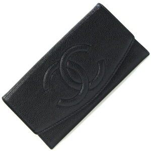 CHANEL Authentic Black Caviar Leather Logo Wallet